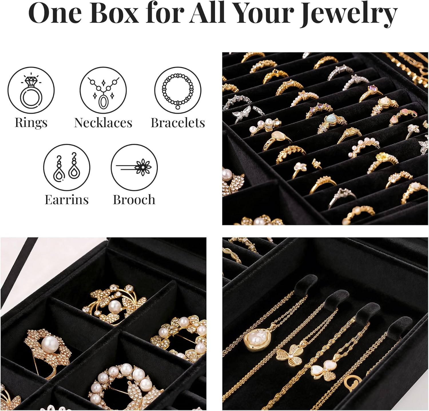 bussdis Glass Lid Jewelry Organizer Box – Black Velvet Jewelry Case with Ring Slots, Necklace Hooks & Removable Compartments for Earrings, Rings & Bracelets
