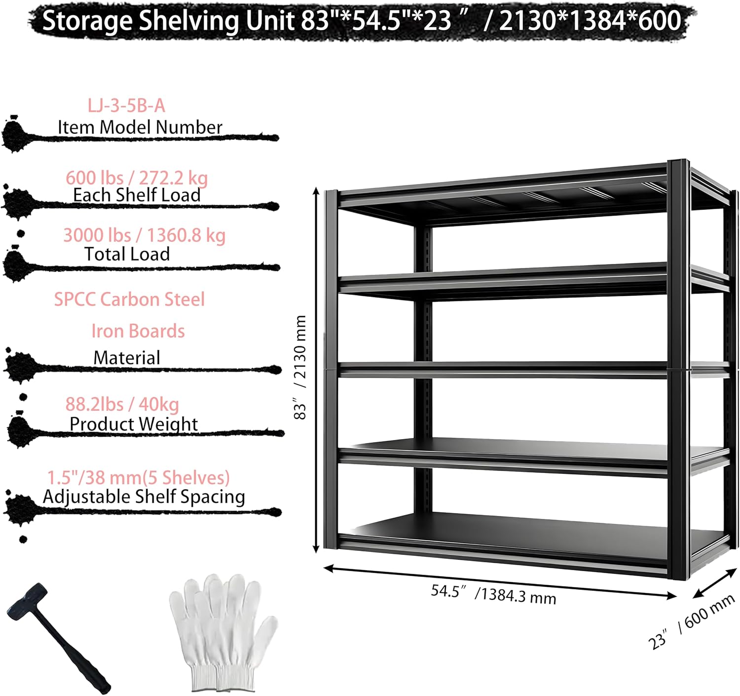 Industrial Storage Rack,Heavy-Duty Steel Shelving Unit 5-Tier,Multi-Purpose Garage Organization System Black 83" H x 54.5" W x 23" D
