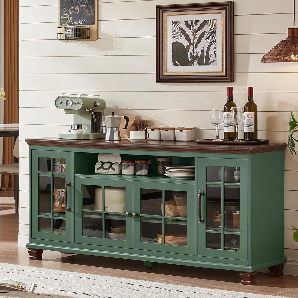 SAVOR LIFE 60-Inch Sideboard Buffet Cabinet with Glass Doors,Vintage Green