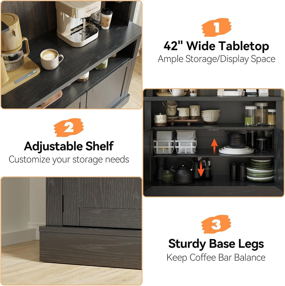 Takywep Tall Coffee Hutch with LED Lights Tall CoffeeBar Cabinet Farmhouse Bu...