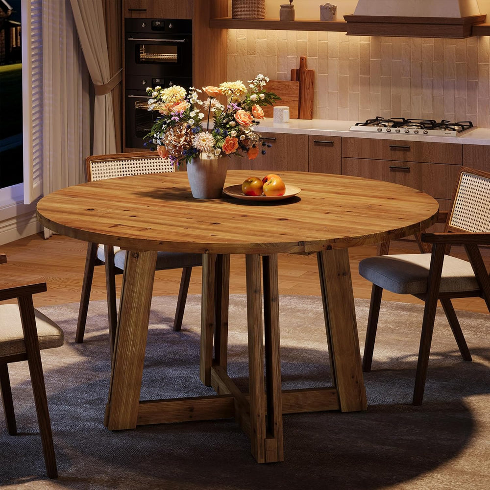 47.3" Solid Wood Dining Table for 4-6, Round Wood Kitchen Table | Farmho...