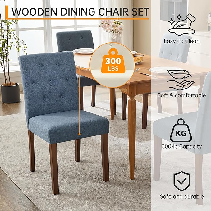 Upholstered Dining Chairs Set of 4, Button Tufted Parsons Chairs with Wood Legs and Padded Seat, Modern Fabric Side Chairs for Dining Room Kitchen Farmhouse Hotel, Blue