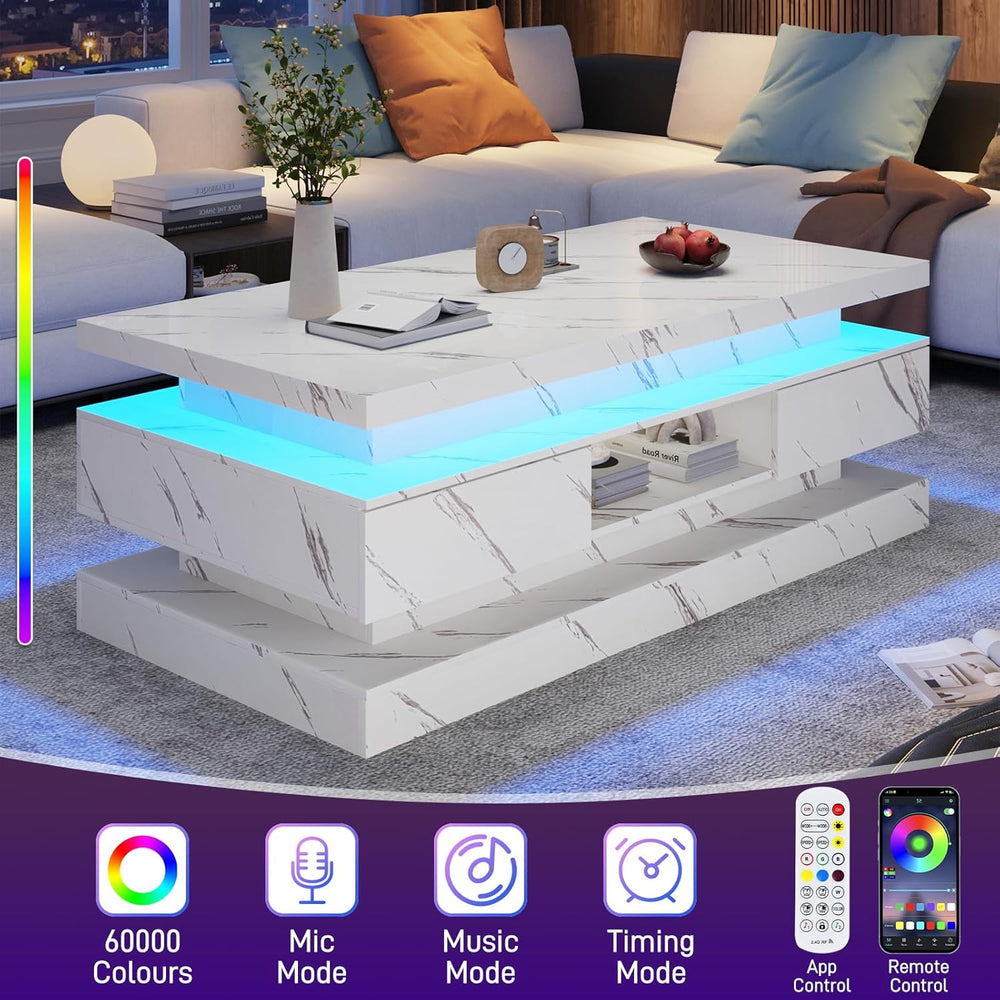 47.2 Inch Modern High Glossy LED Coffee Table with 2 Sliding Drawers, Double-...