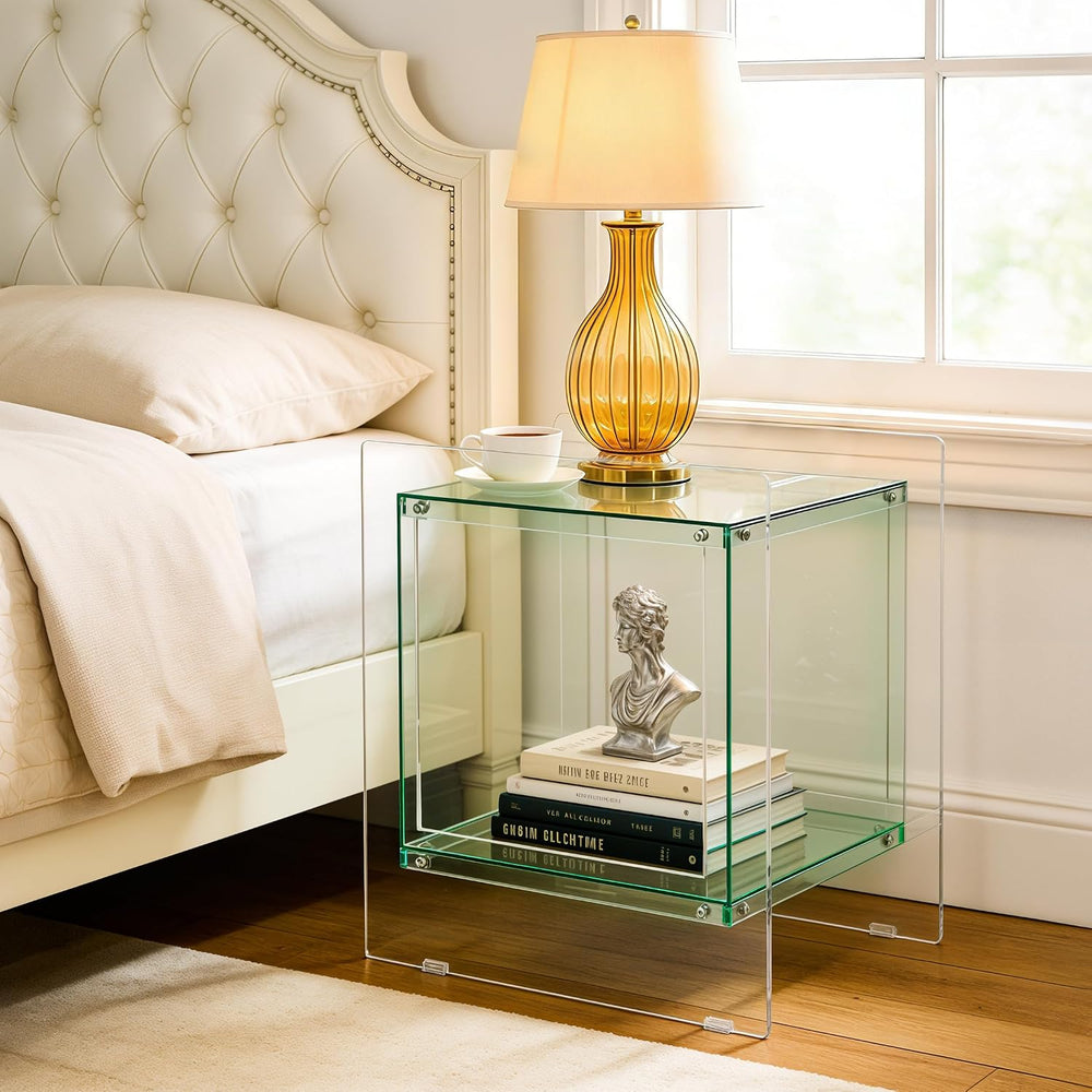 Acrylic End Table Light-Green: 2 Tier Clear Accent Desk Small Nightstand Set