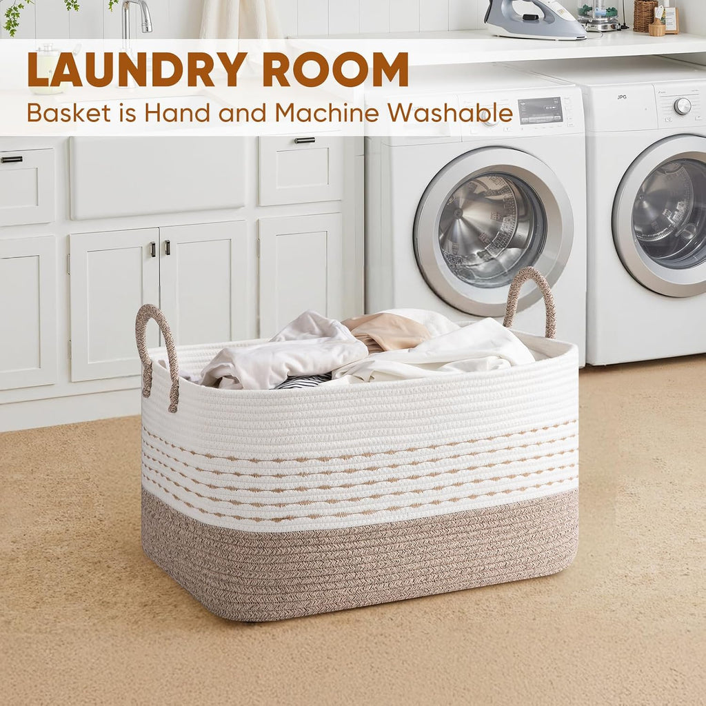 OIASKET 75L Large Cotton Rope Storage Basket, Soft Decorative Blanket Basket for Living Room & Bedroom, Boho Laundry Hamper with Handles Capable of Holding Pillows, Clothes and Toys-Brown & White