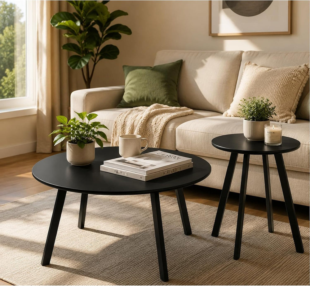 2-Piece Round Nesting Coffee & Side Table Set, Black Metal | Space-Saving...