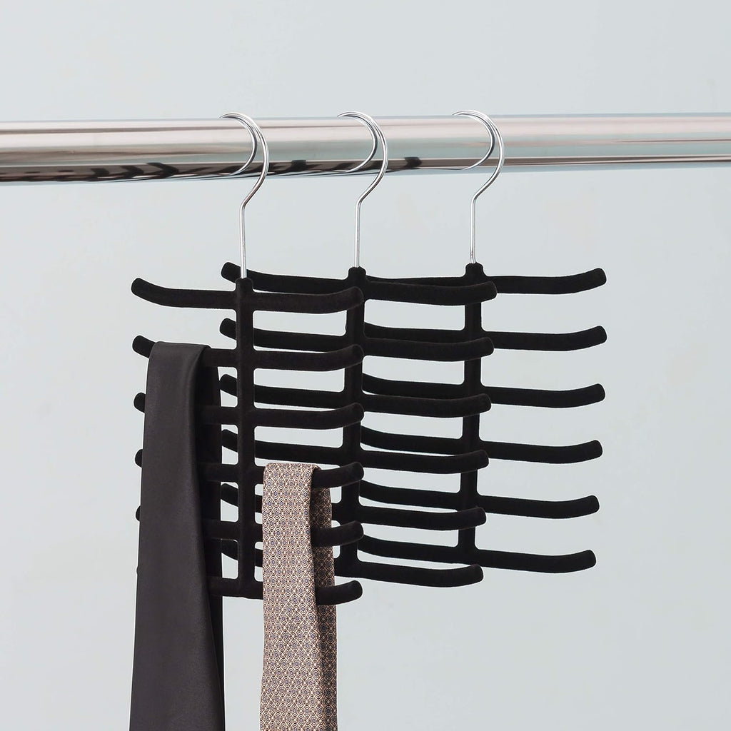 3-Pack Non-Slip Velvet Tie Hanger Organizer Rack by Home Basics | 360° Rotatable Hook | Holds 12 Ties Each | Versatile for Belts and Scarves | Slim Design