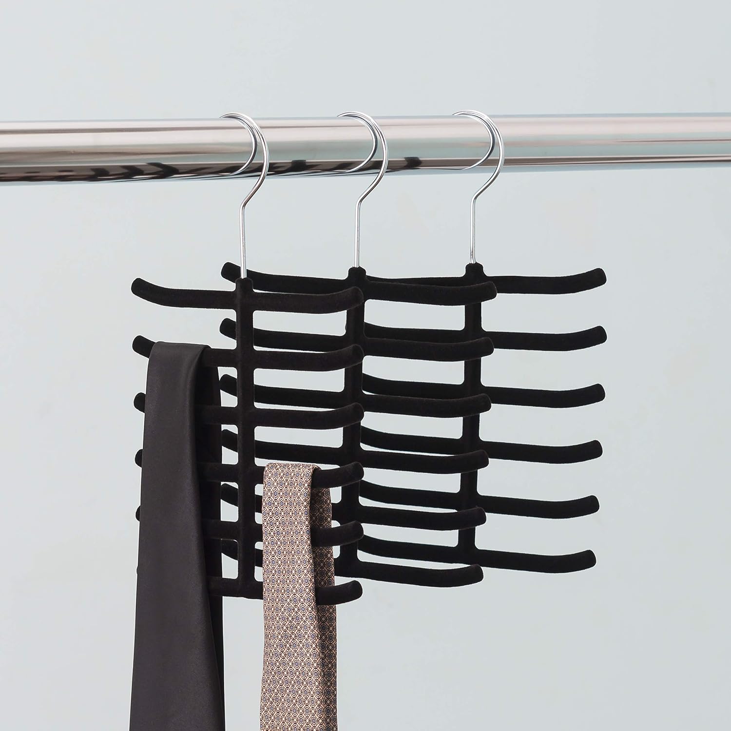 3-Pack Non-Slip Velvet Tie Hanger Organizer Rack by Home Basics | 360° Rotatable Hook | Holds 12 Ties Each | Versatile for Belts and Scarves | Slim Design