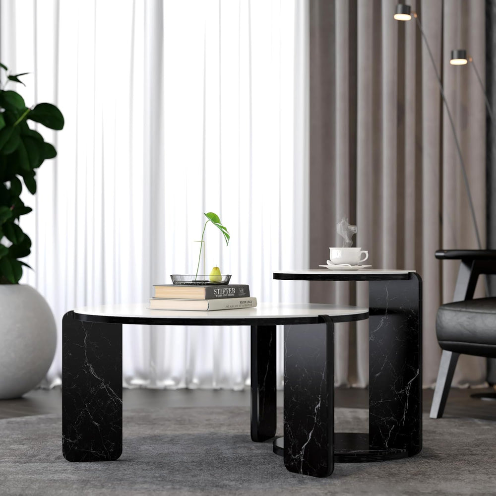 Nesting Tables for Living Room, White Sintered Stone Set | Faux marble coffee...