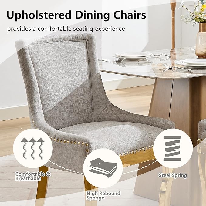 Upholstered Dining Chairs Set of 4, Modern Fabric Side Chairs with Gold Stainless Steel Legs, Accent Kitchen Chairs for Dining Room Table, Beige