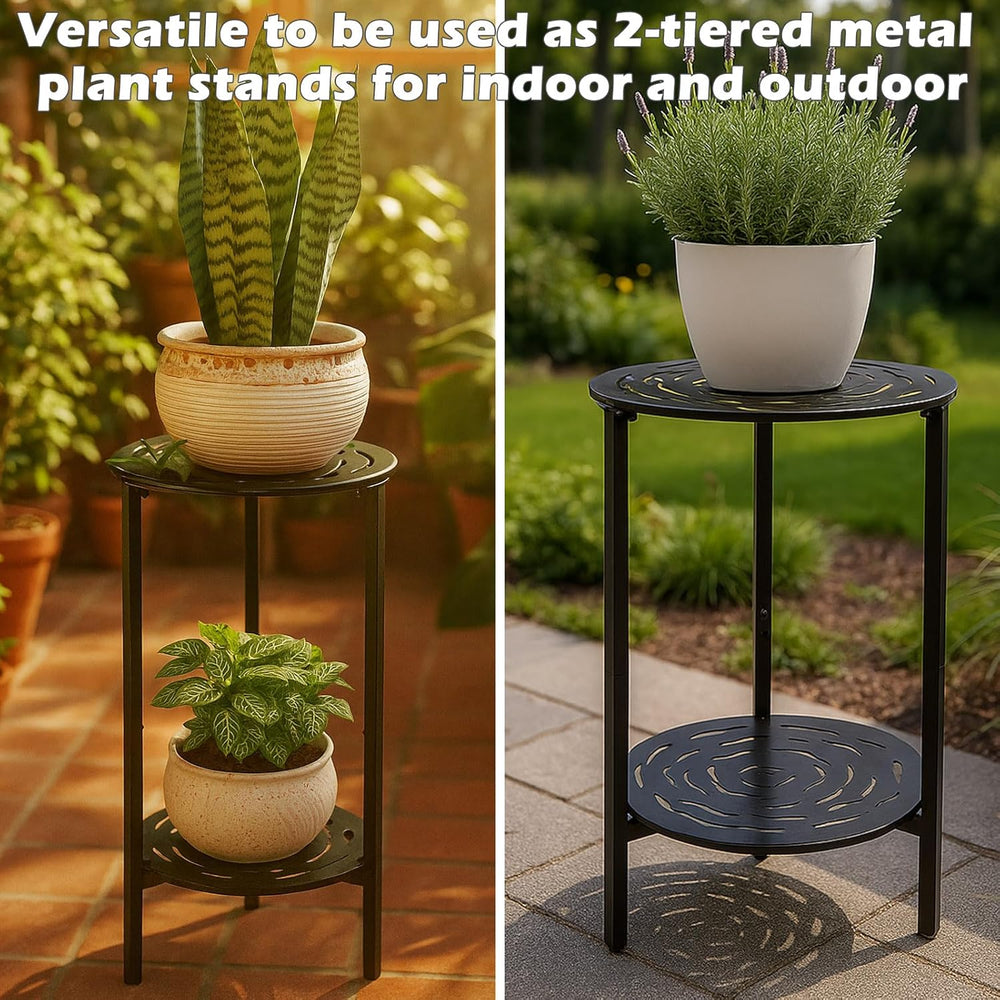 2-Tier Metal Round Side Table Black Accent Coffee Tables Small Space Corner P...