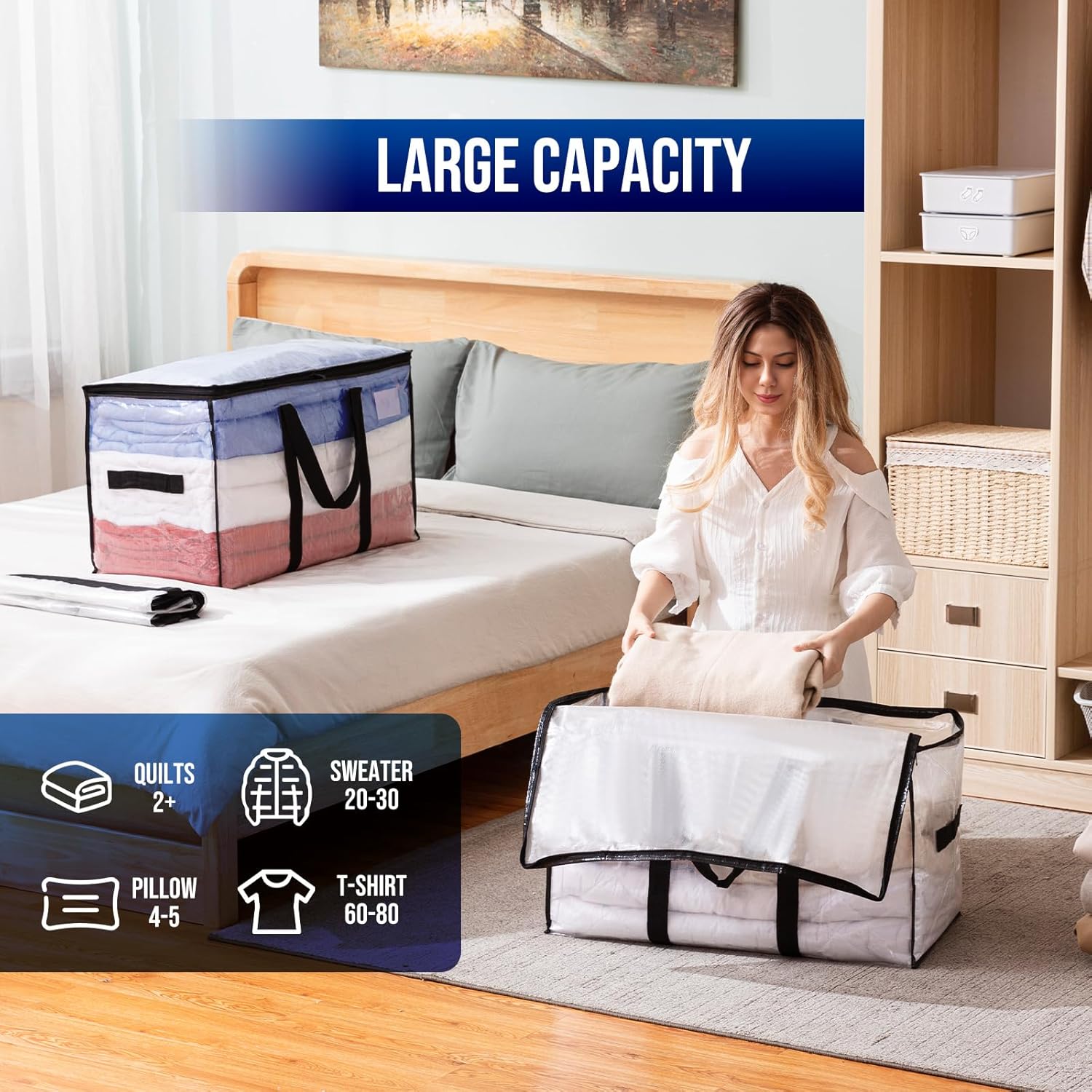 TAILI Extra Large Moving Bags, 2 Pack Clear Heavy Duty Totes for Storage with Visible Window, Wrap Around Handles, Storage Bags for Space Saving, Alternative to Moving Boxes