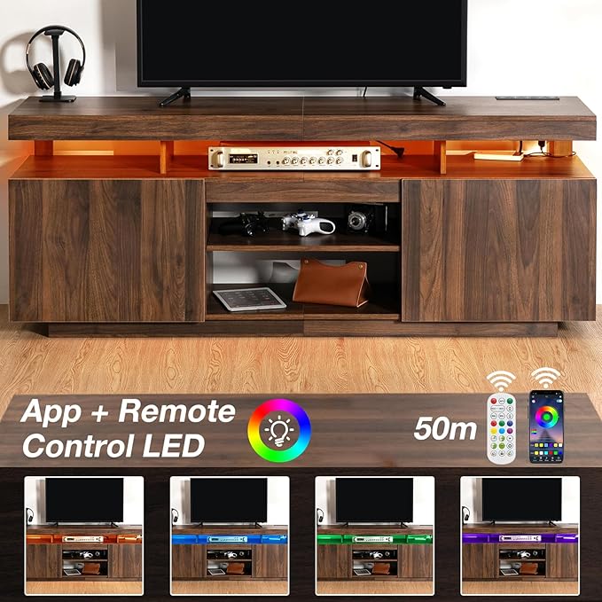 HOMMPA 70 Inch LED TV Stand with Power Outlets for 70/65/60/55 inch TV Gaming Entertainment Center with Storage Modern Industrial TV Cabinet Media Console for Living Room Bedroom Walnut
