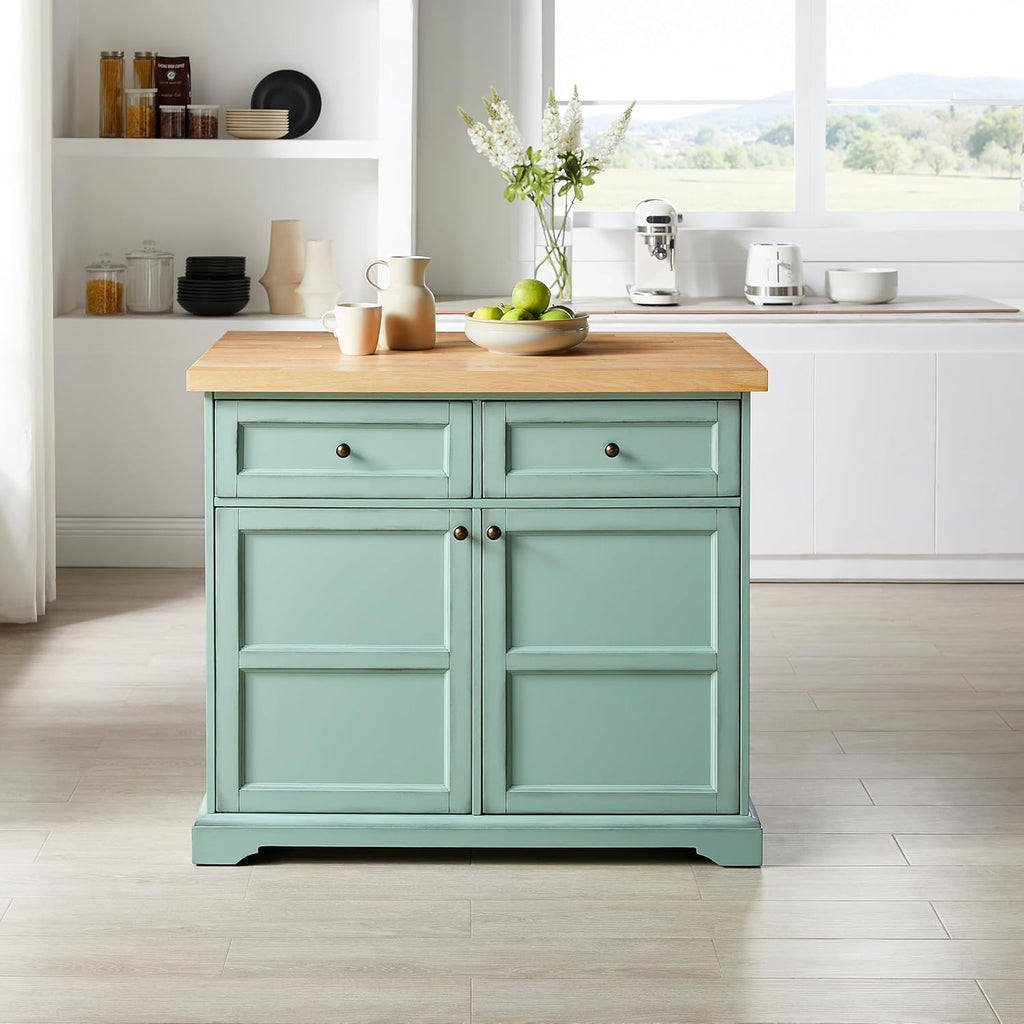 Crosley Furniture Holbrook Traditional Kitchen Island Breakfast Bar Table with Counter-Height Seating, Distressed Seafoam Blue