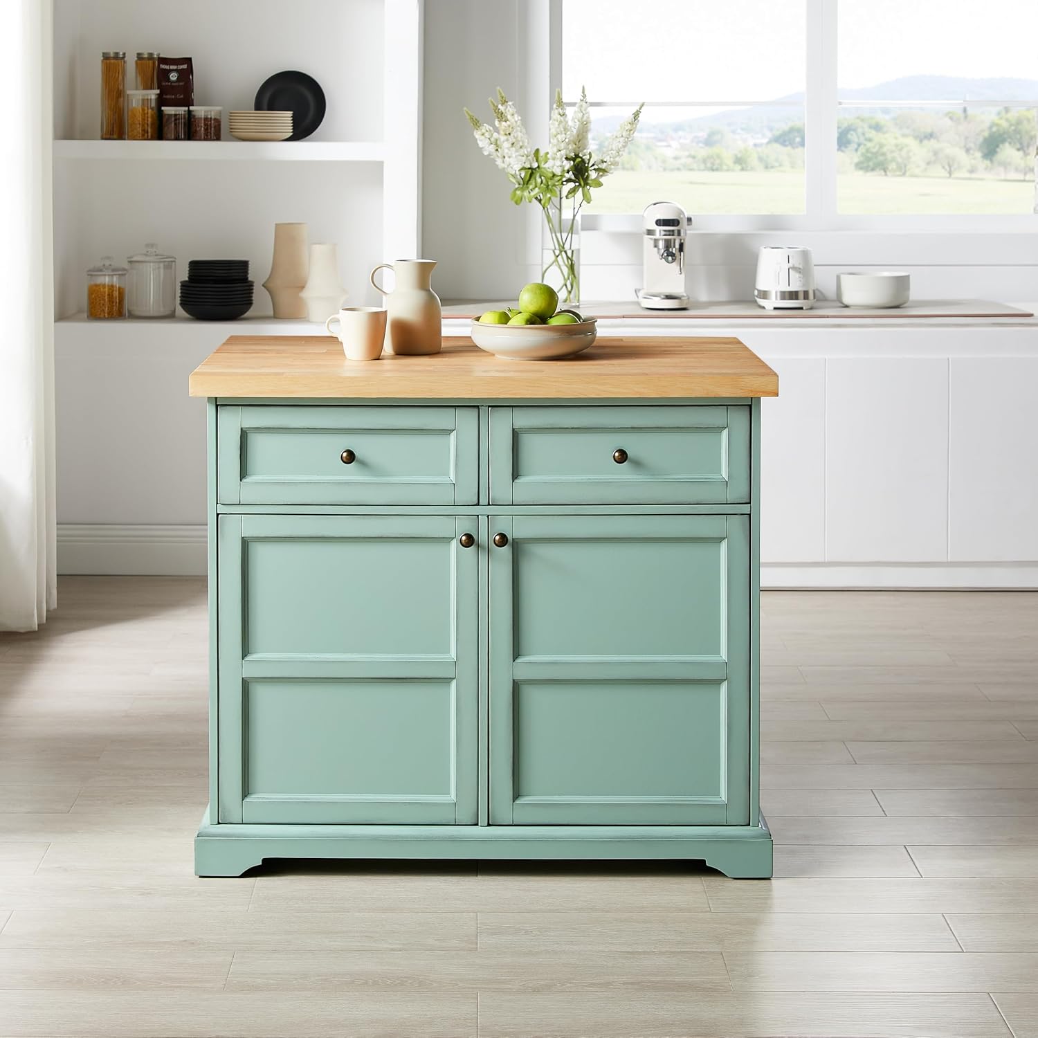 Crosley Furniture Holbrook Traditional Kitchen Island Breakfast Bar Table with Counter-Height Seating, Distressed Seafoam Blue
