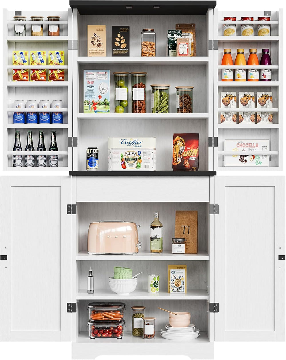 Vongrasig Kitchen Pantry Storage Cabinet with Barn Doors, Drawer and Adjustab...