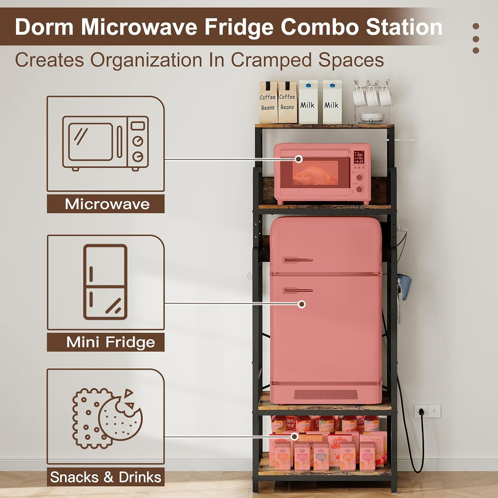MAJALiS Mini Fridge Microwave Combo Stand Cabinet Shelf with Storage Space | Coffee Bar to go over Small Refrigerator with Power Outlet, Metal Bakers Rack Minifridge Organizer Station for Dorm, Office