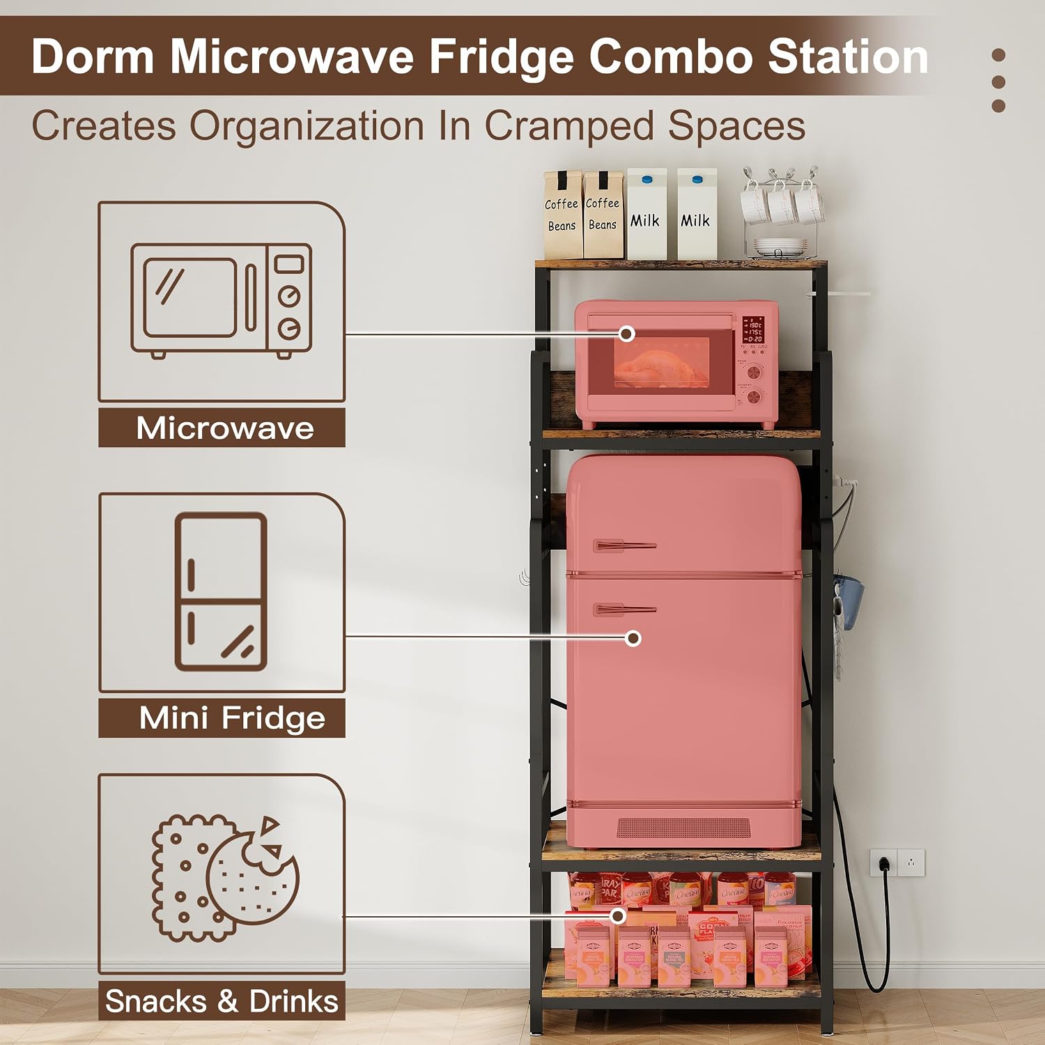 MAJALiS Mini Fridge Microwave Combo Stand Cabinet Shelf with Storage Space | Coffee Bar to go over Small Refrigerator with Power Outlet, Metal Bakers Rack Minifridge Organizer Station for Dorm, Office