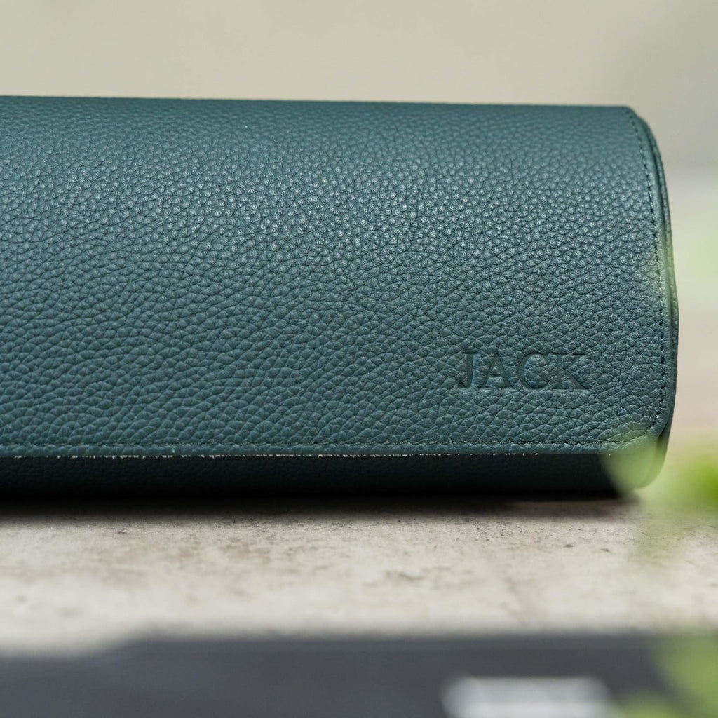 DailyWatch | Personalized Watch Roll Travel Case For 4 Watches - Handmade Genuine Leather Travel Case With Custom Engraving of Name or Initials - Dark Green Litchi