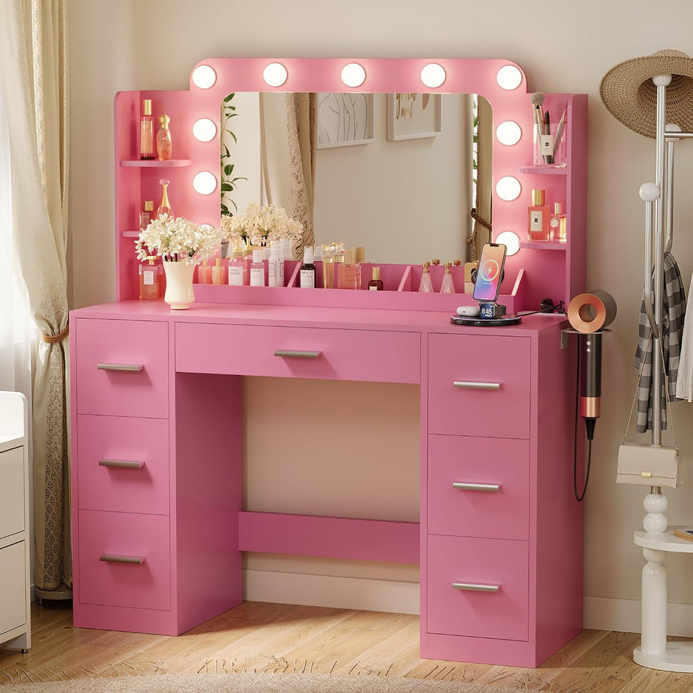 Furmax Vanity Desk with Hollywood Style Mirror with LED Lights, Makeup Table ...