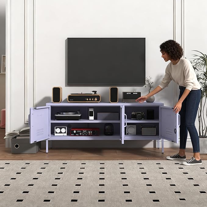 3 Door Lockable Metal TV Stand Storage Cabinet, Wide Heavy Duty Media Console for Large 100+ Inch TVs, Home Office Entertainment Center, Purple 22" H X 47.3" W X 13.8" D