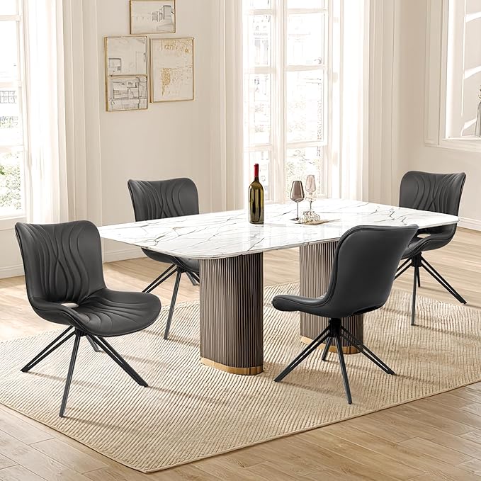 Dining Chairs Set of 2, 360° Swivel Upholstered Mid-Century Modern Kitchen Dining Room Chairs, Armless Faux Leather Accent Side Chair with Padded Back, Metal Leg, Black