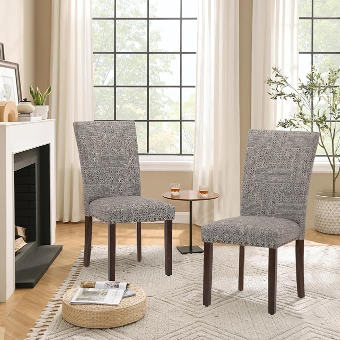 Parsons Dining Chairs Set of 6, Upholstered Nailhead Dining Room Kitchen Side Chair with Thick Cushions and Wood Legs, Black/White