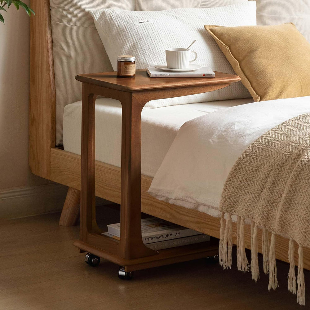 YESWOOD 100% Solid Wood C Shaped Side Table with Wheels, Small Side Table for...