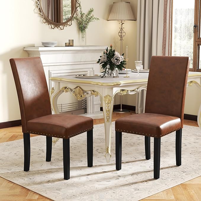 LSSPAID Dining Chairs Set of 6, PU Leather Upholstered Dining Room Chairs with Nailhead Trim and Solid Wood Legs for Home and Kitchen, Brown