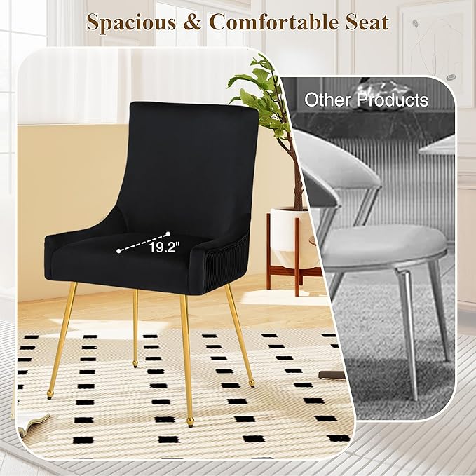Velvet Dining Chairs Set of 2, Modern Upholstered Kitchen Chair with Pull Handle & Pleated Back, Mid Century Accent Chair with Gold Metal Legs for Vanity,Dining,Kitchen,Living Room, Black
