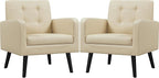 Yaheetech Mid-Century Accent Chairs, PU Leather Modern Upholstered Living Room Chair, Cozy Armchair Button Tufted Back and Wood Legs for Bedroom/Office/Cafe Beige 2PCS