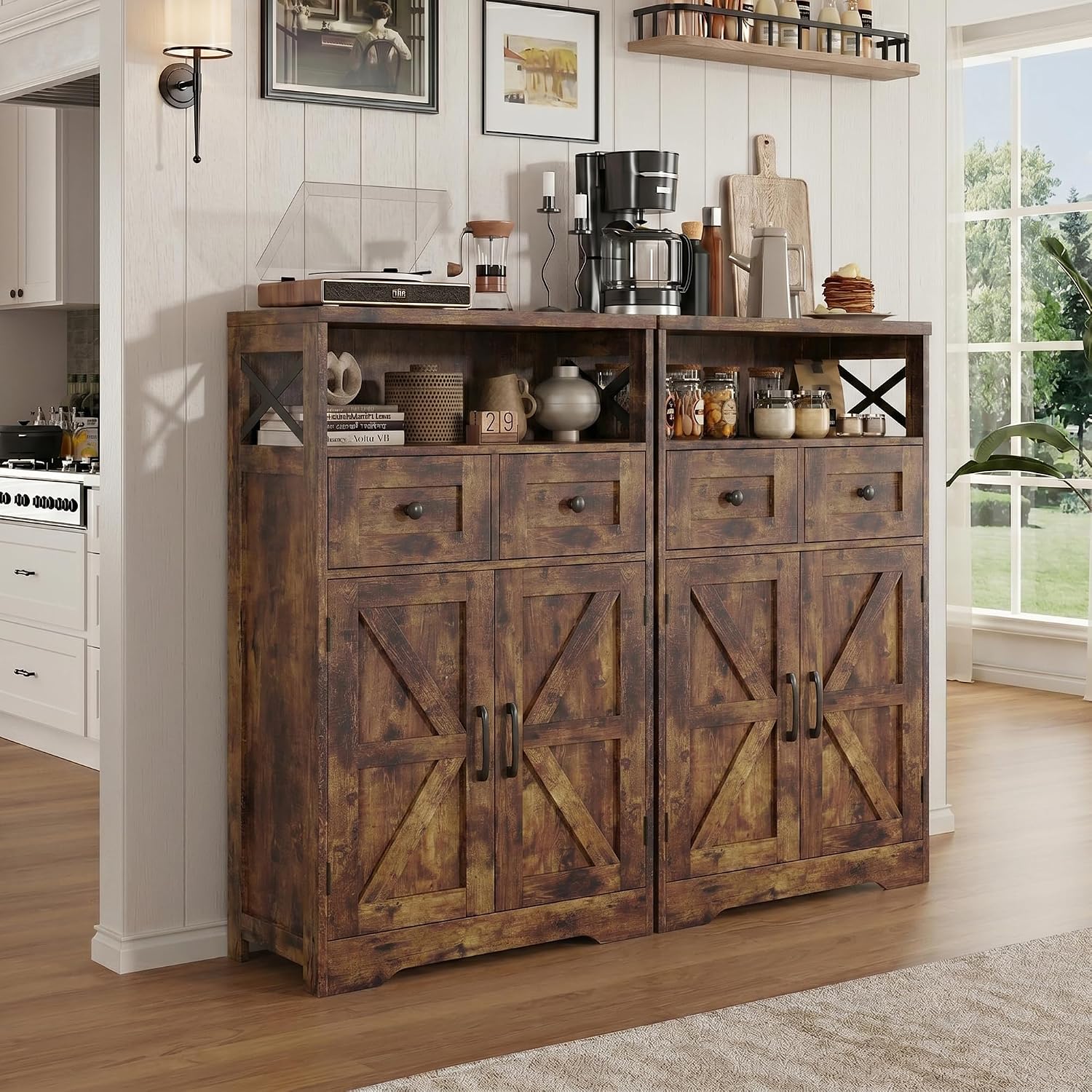 Farmhouse Storage Cabinet Set of 2, Small Kitchen Pantry Coffee Bar Cabinet | Accent Buffet Cabinet Cupboard, 2 Drawers, Barn Doors & Adjustable Shelves, for Kitchen/Entryway/Bathroom, Rustic Brown