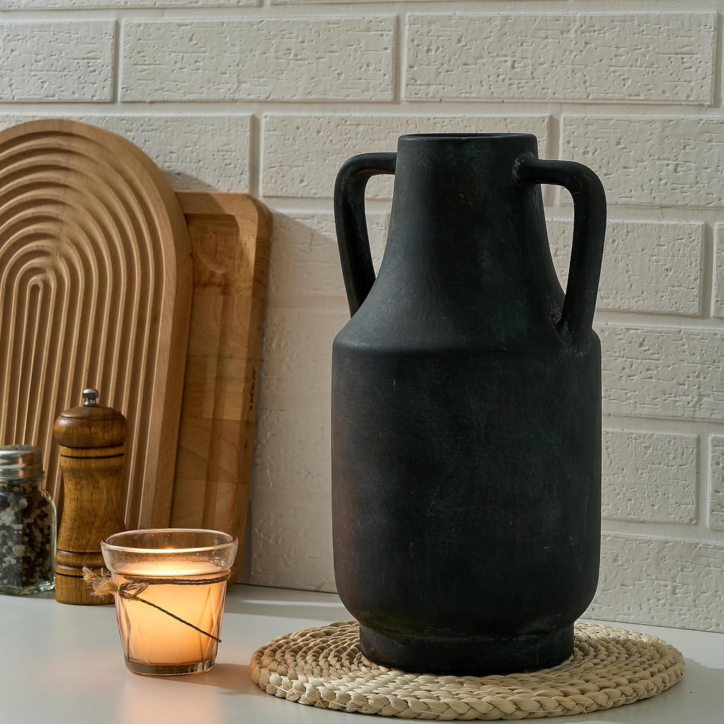 SIDUCAL Ceramic Rustic Flower Vase with Handles | 12 inch Tall Vase for Farmhouse Home Table Centerpieces, Large Decorative Terracotta Vases for Home Decor, Living Room,Shelf Decor, Black Bronze