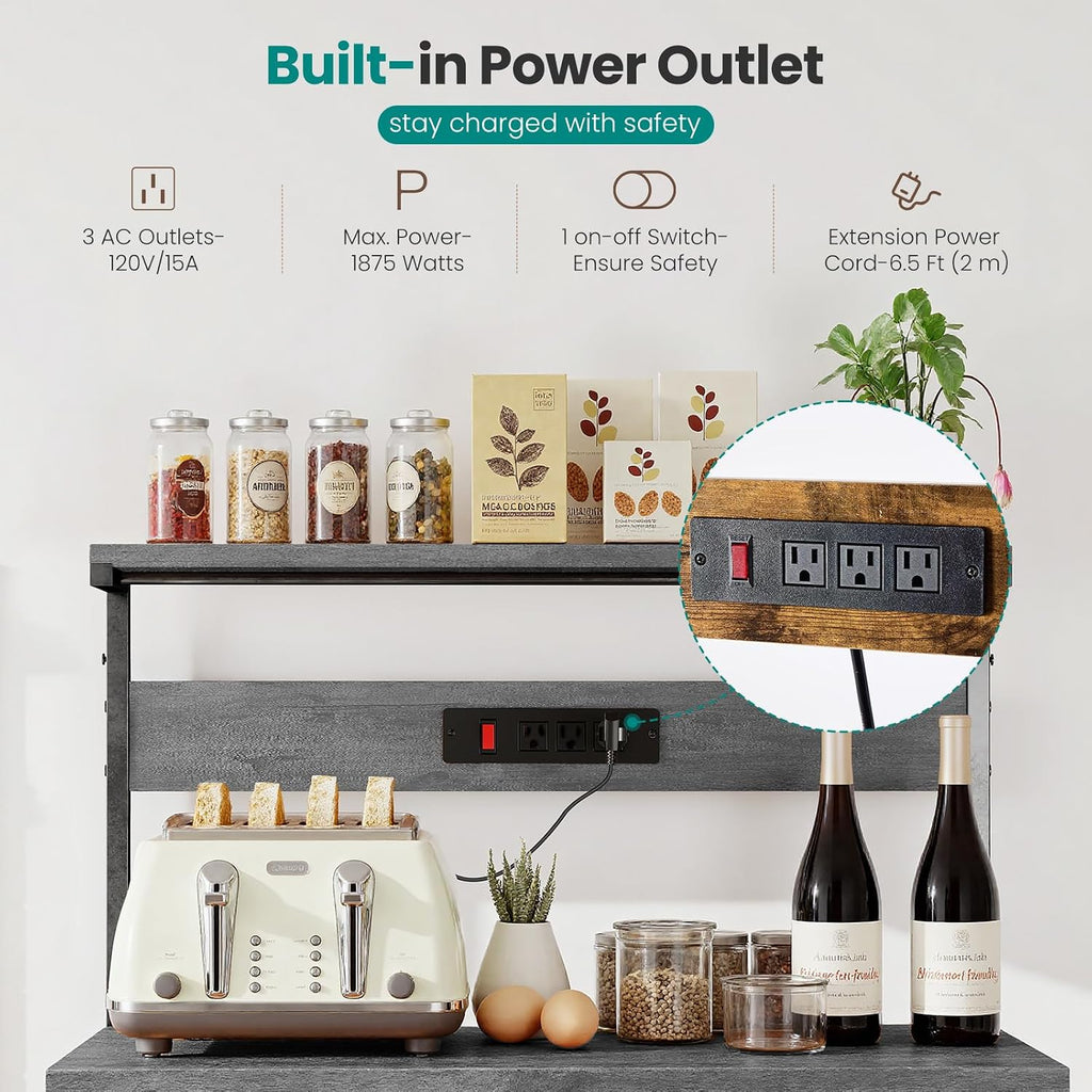 OLIXIS Standing Bakers Rack with Power Outlet, 23.6 Inch Microwave Stand | Kitchen Storage Rack, 3 Adjustable Shelves, Coffee Bar Organizer, Small Appliances, Space Saver, Grey