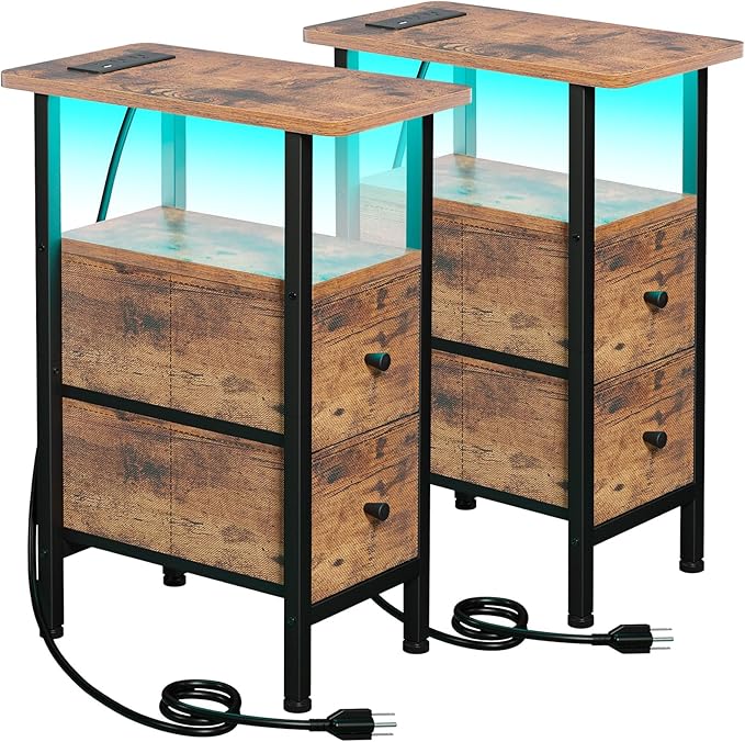 Narrow End Tables Living Room Set of 2 with Charging Station, Skinny Side Tab...