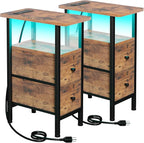 Narrow End Tables Living Room Set of 2 with Charging Station, Skinny Side Table with Fabric Drawers, Slim LED Nightstand for Bedroom, Small Spaces, Couch, Rustic Brown, HETNDP02LPBR