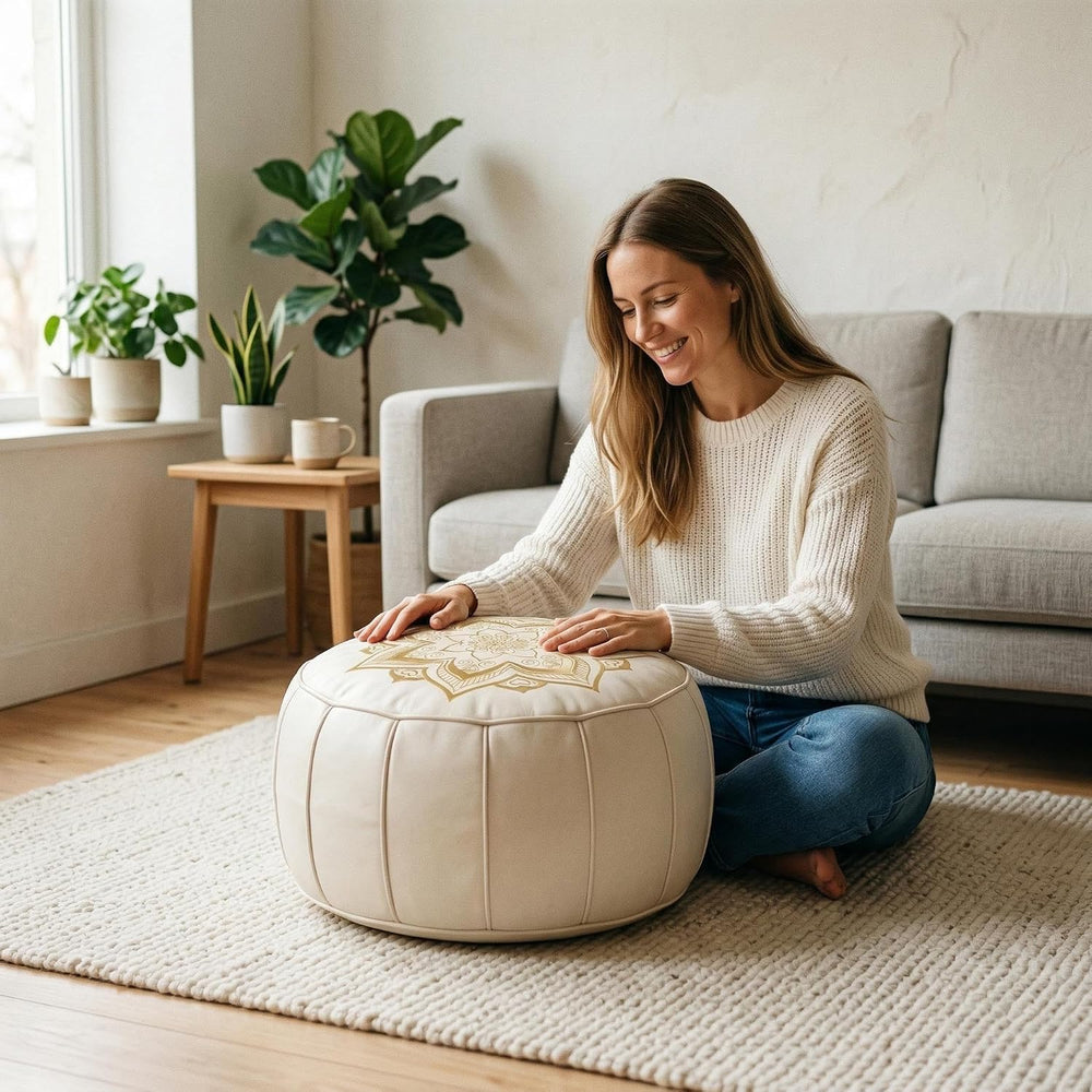 Round Pouf Cover, Premium Leather Ottoman Cover 19in / 48cm, Unstuffed Floor ...