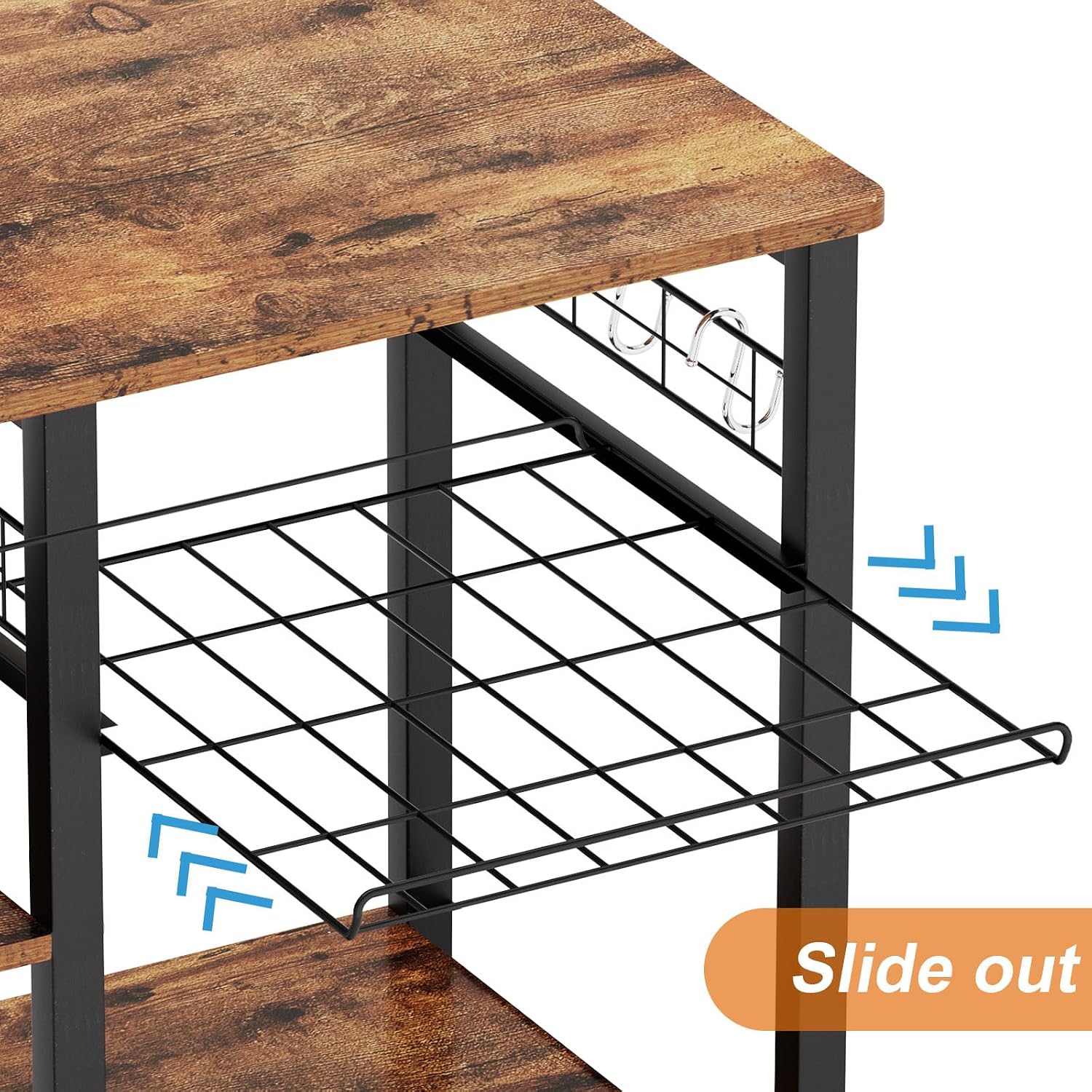 soges 3-Tier Kitchen Baker's Rack, Compact Microwave Stand, Rustic Brown | Space-saving for Apartments, Kitchen, Pantry, Living Room, Sliding Storage Basket, 5 Hooks, Sturdy X-Frame, Easy Assembly