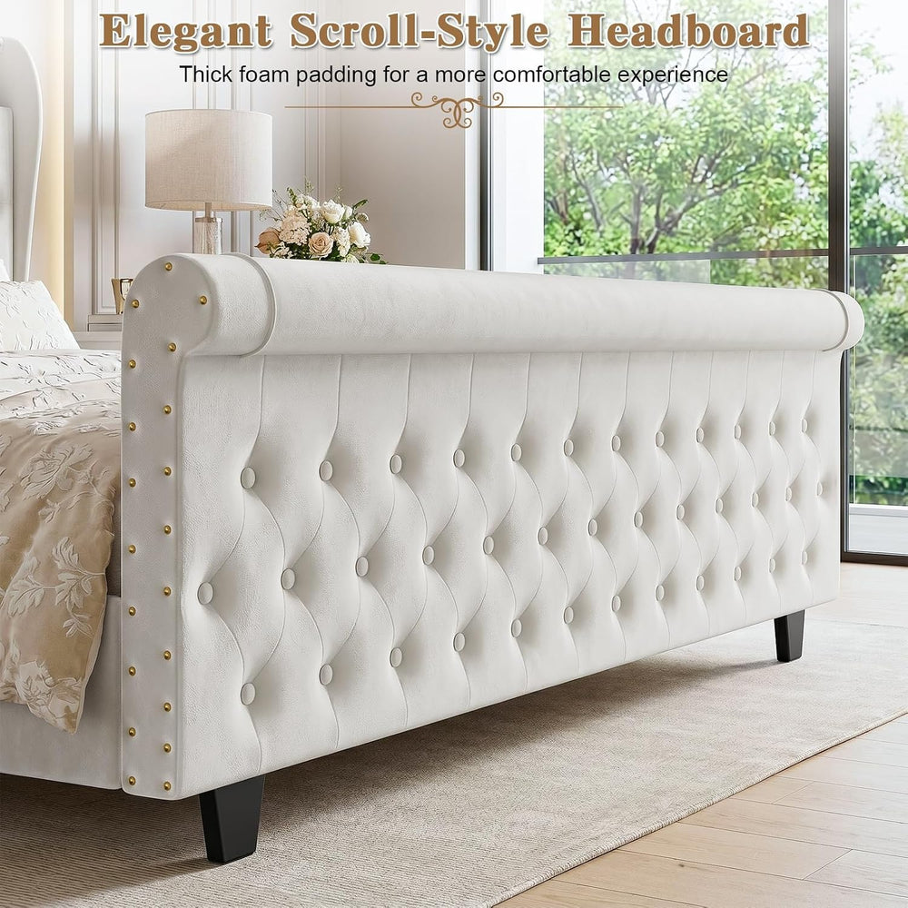 Upholstered Queen Size Bed Frame with LED Lights & Charging Station, Velv...