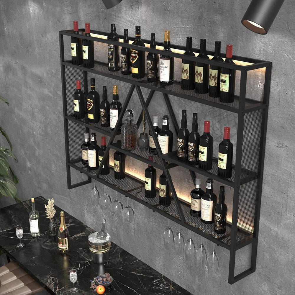 47" Wall Bar Shelves with LED, Wall Mounted Liquor Shelf & Glass Holder