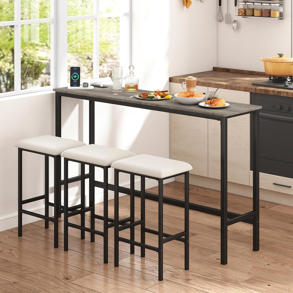 COSTWAY 4 Pieces Counter Height Bar Table Set with Power Outlet, 60" Farmhouse Modern Dining Table w/ 3 Padded Stools, Long Kitchen Island Table and Upholstered Chairs for Breakfast Nook, Small Spaces