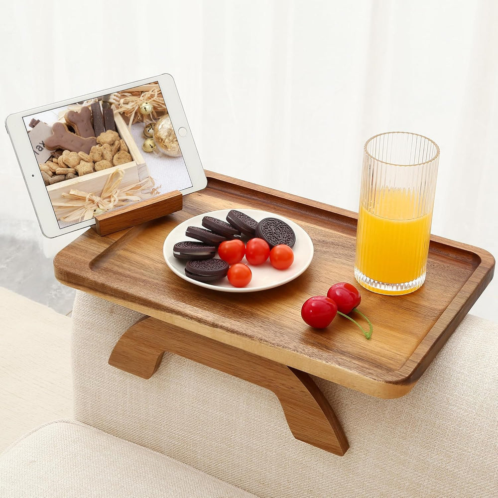 SINWANT Couch Arm Tray,15.35x9.84 in Sofa Clip on Arm Table,Acacia Wood