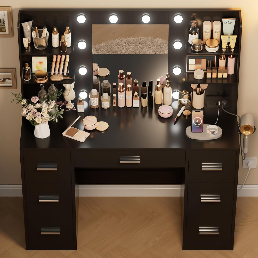 Makeup Vanity Desk with Mirror and 10 Lights, Table with 7 Drawers and 4 Open...