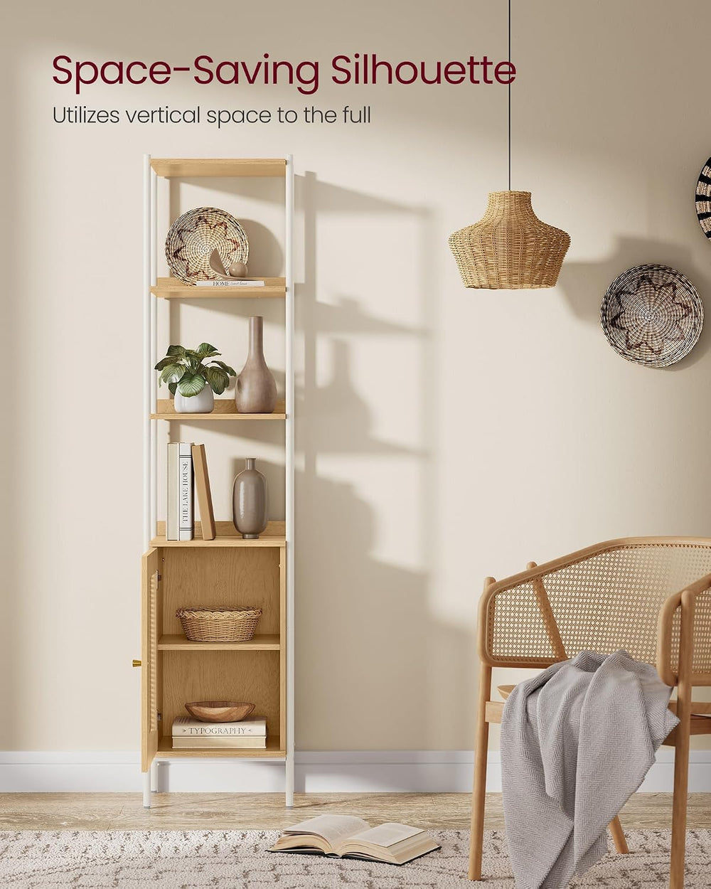 VASAGLE 6-Tier Bookcase with Rattan-Like Door, 15.8-Inch Wide, Metal Frame