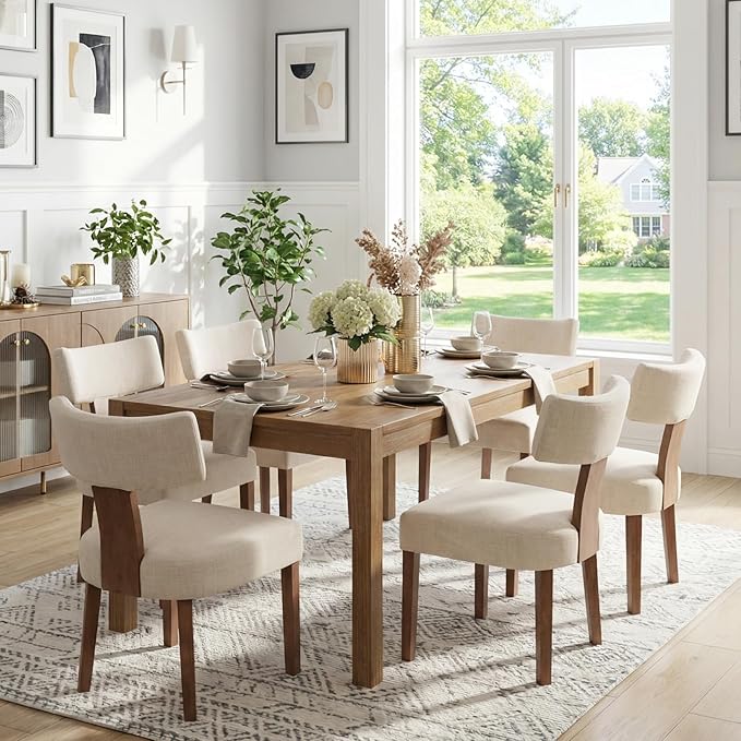 Mid Century Modern Dining Chairs Set of 6 Upholstered Linen Fabric Dining Chairs Curved Backrest Farmhouse Dining Room Chairs Kitchen Chairs with Wood Legs, Beige