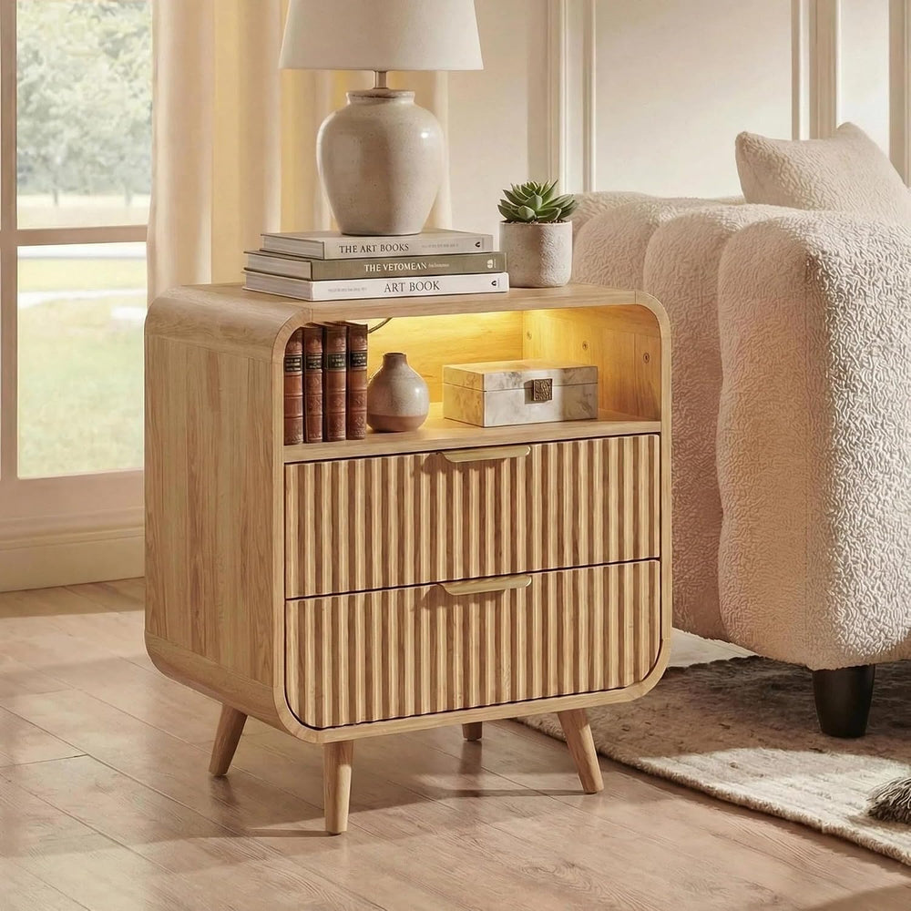 24" Curved Nightstand Set of 2,Night Stand with Charging Station & L...