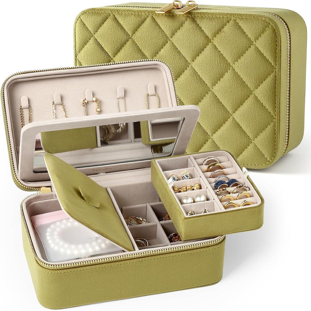 Velvet Travel Jewelry Box with Large Mirror, Double-Layer Jewelry Organizer Case for Women and Girls, Portable Storage Case with 6 Anti-Tarnish Bags Gift Ready for Her (Avocado Green)