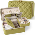 Velvet Travel Jewelry Box with Large Mirror, Double-Layer Jewelry Organizer Case for Women and Girls, Portable Storage Case with 6 Anti-Tarnish Bags Gift Ready for Her (Avocado Green)