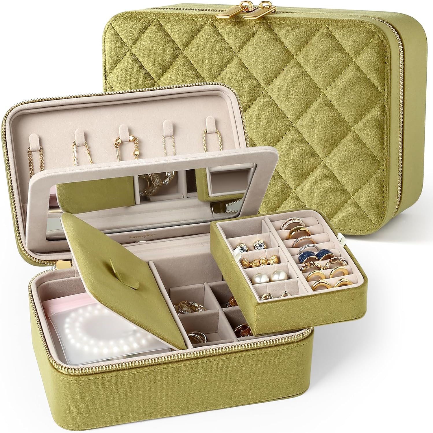 Velvet Travel Jewelry Box with Large Mirror, Double-Layer Jewelry Organizer Case for Women and Girls, Portable Storage Case with 6 Anti-Tarnish Bags Gift Ready for Her (Avocado Green)