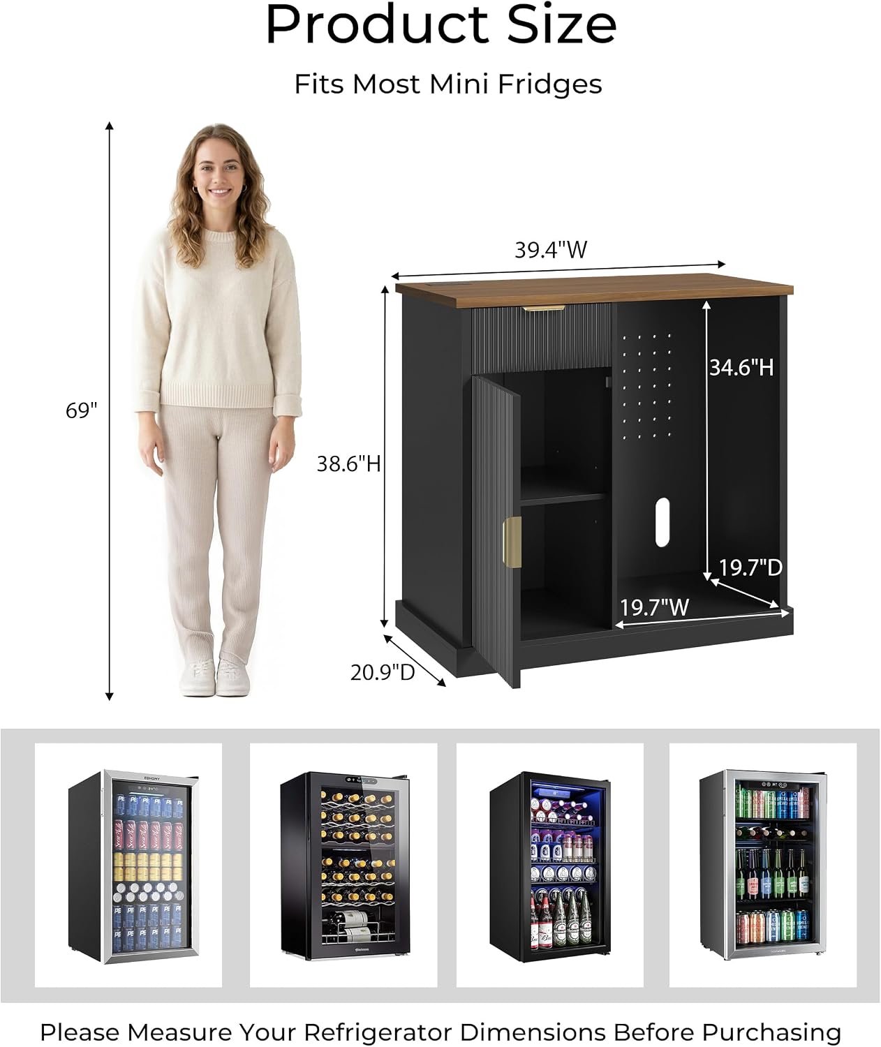 Otterease 39" Fluted Coffee Bar with Fridge Space & Power Outlet, Black | Mini Fridge Cabinet, Mini Fridge Compatible, Wine Bar Cabinet with Power Outlet, Adjustable Shelf, Buffet Sideboard, Home Bar